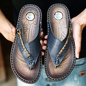 cheap Outdoor Sandals-Men&#039;s Vintage Faux Leather Flip-Flops – Casual Summer Sandals with Braided Strap for Beach and Outdoor Wear