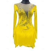 cheap Figure Skating Dresses-Figure Skating Dress Women&#039;s Girls&#039; Ice Skating Dress Outfits Light Yellow Lake Blue Yellow Mesh Spandex High Elasticity Training Competition Skating Wear Patchwork Crystal / Rhinestone Long Sleeve