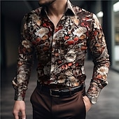 preiswerte Pflanzen Muster-Ostern Herren Blumen Hemd Knopfhemd Langarm Brautkleider schlicht Freizeitskleidung Wochenende Herbst Winter Umlegekragen Bedruckt Button-Down Schwarz Gelb Rote Braun Schwarz+Weiß