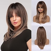 abordables Perruques Synthétiques Sans Bonnet-perruques longues en couches pour femmes, perruque en cheveux synthétiques avec frange, perruques naturelles ondulées résistantes à la chaleur pour une utilisation quotidienne en soirée