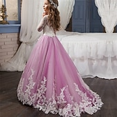 baratos Vestidos de Menina das Flores-Vestido para Meninas das Flores Crianças Para Meninas Vestido de princesa Espetáculo Casamento Festa Elegante Lindo Com Transparência Flor Manga Longa Gola Redonda Branco Rosa 4 anos +