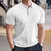 preiswerte Klassisches Poloshirt für Herren-Herren Rippenstrick-Top Muskelshirt Arbeit Lässig Klassisch Kurzarm Basic Modern Einfarbig Knöpfe Frühling &amp; Sommer Schmale Passform Schwarz Weiß Burgunderrot Hellgrau Khaki Rippenstrick-Top