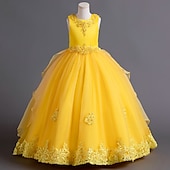 billige Blomsterkjoler-Blomsterpikekjole Barn Jente Prinsesse kjole Ytelse Bryllup Fest Elegant Vakker Netting Helfarge Ermeløs Crew-hals Vinrød Hvit 4 år +