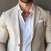 billige Lin blazer-Herre Bomull Lin Uformell Blazer Jakke Beige Sommer Enfarget Blazer Reguler Standard Passform Enkeltknapp To-knapper
