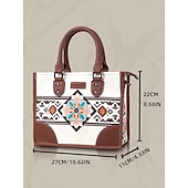 cheap Handbag &amp; Totes-Women&#039;s Canvas and Faux Leather Handbag Set with Ethnic Embroidery, Bohemian Style Tote Bag and Matching Clutch, Perfect for Travel and Everyday Use Black White Brown