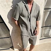 cheap Men&#039;s Basic Shirts Sets-Men&#039;s 2 Piece Shirt Set Summer Set Matching Sets Casual Shirt Corduroy Shirt khaki Gray Short Sleeve Plain Collar Vacation Daily Clothing Apparel Fashion Casual Comfortable