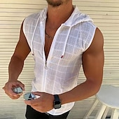 billiga Gym-toppar-Herr Linne Zip Up hoodies Ärmlös hoodie Ärmlös Huva Vår &amp; sommar Blommig Rutnät / Pläd Mode Ledigt Andningsfunktion Snörning Semester Ledigt Dagligen Svart Vit Rubinrött Topp t-shirt för män