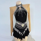 abordables Vestidos de Patinaje Artístico-Vestido de patinaje artístico Mujer Chica Patinaje Sobre Hielo Vestidos Negro Retazos Dedo Pulgar Malla Alta elasticidad Entrenamiento Competición Ropa de Patinaje Clásico Cristal / Strass Manga Larga