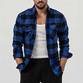 cheap Men&#039;s Shirt Jacket-Men&#039;s Shirt Summer Shirt Casual Shirt Beach Shirt Button Up Shirt Overshirt Yellow Blue Long Sleeve Plaid Lapel Vacation Hawaiian Button-Down Clothing Apparel Fashion Casual Comfortable