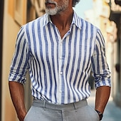 abordables Informal de negocios-Hombre Camisa camisa de lino Camisa de verano Ropa de playa Abotonar la camisa A Rayas Fiesta Calle Negro Rojo Azul Piscina Gris Ligero Manga Larga Cuello Verano Ropa