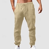 baratos Clássico-Homens Calças de linho Calças Calça verão Calças de gaze Com Cordão Cintura elástica Bolso frontal Tecido Conforto Respirável Comprimento total Casual Diário Feriado Moda Estilo Clássico ダークカーキ Preto