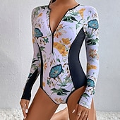 cheap One Pieces Rash Guards-Women's Rash Guard One Piece Swimsuit Floral Printed Front Zip Quick Dry Lightweight Breathable Sleeveless Bodysuit Bathing Suit Surfing Beach Water Sports Summer