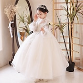 voordelige Bloemenjurken-Bloemenmeisjesjurk kinderen Voor meisjes Prinses jurk Prestatie Bruiloft Feest Elegant Mooi Netstof Effen Kleur Lange mouw Opstaande boord Wit 4 jaar +