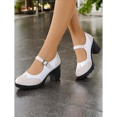 olcso Block Heels-női kék-fehér mary jane vaskos sarkú cipő brogue részletekkel, vintage stílusú kényelmes pumpák irodába, bulikba és mindennapi viseletre