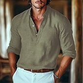 economico Strada-Per uomo camicia di lino Camicia con colletto a fascia Camicia popover Maglietta informale Camicia da spiaggia Liscio Strada Nero Verde Cachi Grigio Manica lunga Henley Primavera estate Abbigliamento