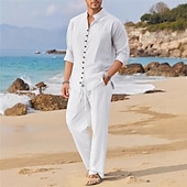economico Set di camicie basic da uomo-Per uomo camicia di lino 2 pezzi Completo di camicia Camicia estiva Set abbinati Camicia da spiaggia Liscio Da mare Curise Nero Bianco Blu Manica lunga Colletto alla coreana Primavera estate