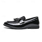 cheap Semi-Formal-Men&#039;s Black Patent Faux Leather Tassel Loafers – Velvet Accent Slip-On Dress Shoes for Wedding and Formal Wear