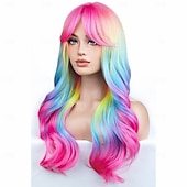 economico Parrucche di Carnevale-parrucche arcobaleno ombre parrucca lunga e ondulata per donne con frangia costume ombre colorato parrucche sintetiche resistenti al calore per carnevale