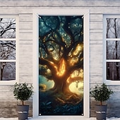 billige Garasje- og dørbanner-livets tre dørdeksler veggmaleri dekor dør billedvev dør gardin dekorasjon bakteppe dør banner avtakbar for inngangsdør innendørs utendørs hjemme rom dekorasjon gårdshus dekor forsyninger