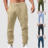 baratos Clássico-Homens Calças de linho Calças Calça verão Calças de gaze Com Cordão Cintura elástica Bolso frontal Tecido Conforto Respirável Comprimento total Casual Diário Feriado Moda Estilo Clássico ダークカーキ Preto
