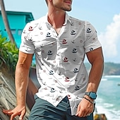 ieftine Print oceanic-Bărbați Navă Cămașă hawaiană Cămașă Aloha Manșon scurt Hawaiană Casual Stațiune Vacanță Casual Vară Primăvară Răsfrânt Butonul sus Negru Alb