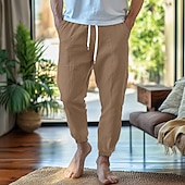 baratos Lar-Homens Calças de linho Calças Calça verão Cintura elástica Perna reta Ascensão alta Côr Sólida Conforto Respirável Comprimento total Casa Simples Casual Preto Branco Sem Elasticidade