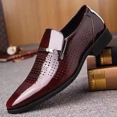 levne Poloformální-pánské hnědé lakované mokasíny z umělé kůže – prodyšné perforované slip-on společenské boty pro obchodní i formální příležitosti
