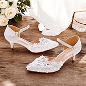 cheap Formal-Women&#039;s White Lace Floral Embroidered Kitten Heel Shoes with Ankle Strap – Elegant Bridal Wedding Shoes