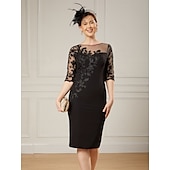 economico Lunghezza del tè-Abito Sheath  Colonna Abito per la Madre della Sposa Elegante Collo Illusione Lunghezza al Ginocchio Corto  Mini Tessuto in Pizzo Elasticizzato Manica Mezza con Perline Ricamate Abito da Corsa