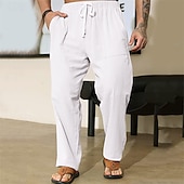 baratos Lar-Homens Calças de linho Calças Calça verão Com Cordão Cintura elástica Perna reta Tecido Conforto Respirável Comprimento total Casa Casual Diário Moda Estilo Clássico Preto Branco