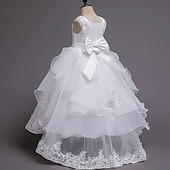 billige Blomsterkjoler-Blomsterpikekjole Barn Jente Prinsesse kjole Ytelse Bryllup Fest Elegant Vakker Netting Helfarge Ermeløs Crew-hals Vinrød Hvit 4 år +