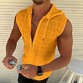 billiga Gym-toppar-Herr Linne Zip Up hoodies Ärmlös hoodie Ärmlös Huva Vår &amp; sommar Blommig Rutnät / Pläd Mode Ledigt Andningsfunktion Snörning Semester Ledigt Dagligen Svart Vit Rubinrött Topp t-shirt för män