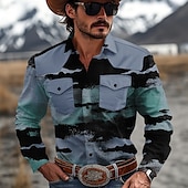 billige vestlige skjorter for menn-Herre Fargeblokk Marmor Western skjorte Cowboyskjorte Langermet Vestlig Fritid Avslappet Vår Høst Aftæpning 2 lommer Gul Blå Grønn
