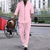 economico Set di camicie basic da uomo-Per uomo 2 pezzi Completo di camicia Set abbinati Maglietta informale Camicia con bottoni Bianco Rosa Kaki Grigio Manica lunga Liscio A fascia Da mare Strada Abbigliamento Di tendenza Informale