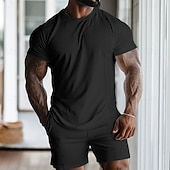 cheap Men's Basic Tees sets-Men's Waffle Shirt 2 Piece T-shirt Suits Tee Short Sleeve Short Pant Crew Neck Spring &amp; Summer Plain Fashion Designer Basic 2 Piece Vacation Street Going out Black White Gray Top Tee for Men