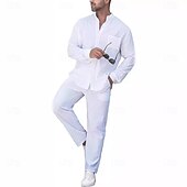 economico Set di camicie basic da uomo-Per uomo camicia di lino 2 pezzi Completo di camicia Camicia estiva Set abbinati Camicia da spiaggia Liscio Da mare Informale Nero Bianco Blu Cachi Manica lunga A fascia Primavera estate Abbigliamento