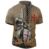 cheap Faith T shirts-Men&#039;s Knights Templar Henley Shirt T shirt Tee Short Sleeve T shirt 3D Print Lace Up Neck Henley Shirt Casual Sports Outdoor Casual Daily Khaki Spring &amp; Summer Clothing Apparel S M L XL XXL XXXL