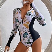 cheap One Pieces Rash Guards-Women's Rash Guard One Piece Swimsuit Floral Printed Front Zip Quick Dry Lightweight Breathable Sleeveless Bodysuit Bathing Suit Surfing Beach Water Sports Summer