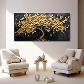 preiswerte Blumen-/Botanische Gemälde-handgemaltes 3D abstraktes Goldbaum-Ölgemälde auf Leinwand, farbenfrohe Baumlandschaft, minimalistische Schwarzgoldstruktur, Spachtelkunst, Naturnachtlandschaft, Weihnachtsdekor, kein Rahmen