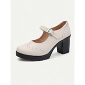 olcso Block Heels-női kék-fehér mary jane vaskos sarkú cipő brogue részletekkel, vintage stílusú kényelmes pumpák irodába, bulikba és mindennapi viseletre