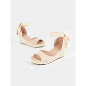 cheap Vacation Sandals-Women&#039;s Beige Espadrille Wedge Sandals with Ankle Wrap, Open-Toe Summer Shoes for Beach, Casual, and Vacation Wear