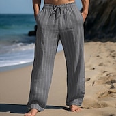baratos Feriado-Homens Calças de linho Calças Calça verão Calças de praia Com Cordão Cintura elástica Perna reta Listra Conforto Respirável Comprimento total Casual Diário Feriado Férias Moda Branco Azul Céu