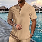 billiga Basic skjortor för män-Herr 2 delar Skjorta set Sommar set Matchande set Casual skjorta Knapp upp skjorta Svart Vit Kungsblå Khaki grön Ljusblå Kortärmad Slät Krage Semester Dagligen Kläder Mode Ledigt Bekväm