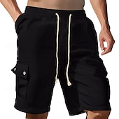cheap Classic-Men&#039;s Cargo Shorts Linen Shorts Summer Shorts Beach Shorts Drawstring Elastic Waist Multi Pocket Plain Comfort Breathable Knee Length Outdoor Work Daily Classic Style Casual Black White
