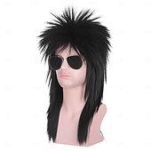 cheap Perucas Históricas-Unisex Long Black 70s 80s Mullet Cher Glam Rock-Rocker Cosplay Wigs for Women and Men Halloween Themed Costume Party For Carvinal
