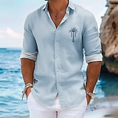 cheap Tropical Plants-Men&#039;s Palm Tree Summer Hawaiian Shirt Aloha Shirt Long Sleeve Hawaiian Resort Vacation Causal Casual Summer Spring Turndown Button Up Navy Blue Blue Sky Blue Green Beige