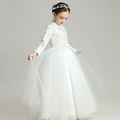 baratos Vestidos floridos-Vestido para Meninas das Flores Crianças Para Meninas Vestido de princesa Espetáculo Casamento Festa Elegante Lindo Com Transparência Côr Sólida Sem Manga Colarinho Clerical Branco 4 anos +