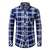 billiga herrskjorta med knäppning-Herr Skjorta Sommarskjorta Casual skjorta Knapp upp skjorta Rutiga skjortor Rubinrött Blå Långärmad Rutig Kavajslag Semester Helgdag Framficka Kläder Polyester Mode Ledigt Bekväm