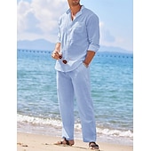 cheap Men&#039;s Basic Shirts Sets-Men&#039;s 2 Piece Shirt Set Summer Shirt Matching Sets Beach Shirt Button Up Shirt Plain Vacation Casual Black White Blue Khaki Long Sleeve Collar Spring &amp; Summer Clothing Apparel