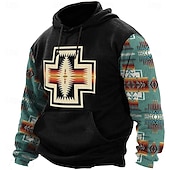 baratos Hoodies Étnicos Vintage-Homens asteca Cowboy Moletons Moletom Étnico Vaqueiro Manga Longa Gola Redonda Feriado Streetwear Preto Azul Com Cordão Outono Inverno Designer